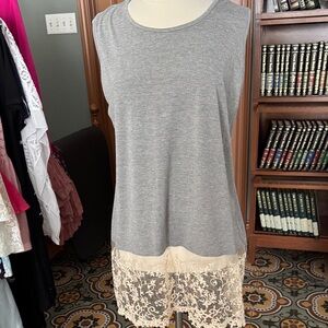 Sleeveless Gray Midi Dress with Cream Lace Hem